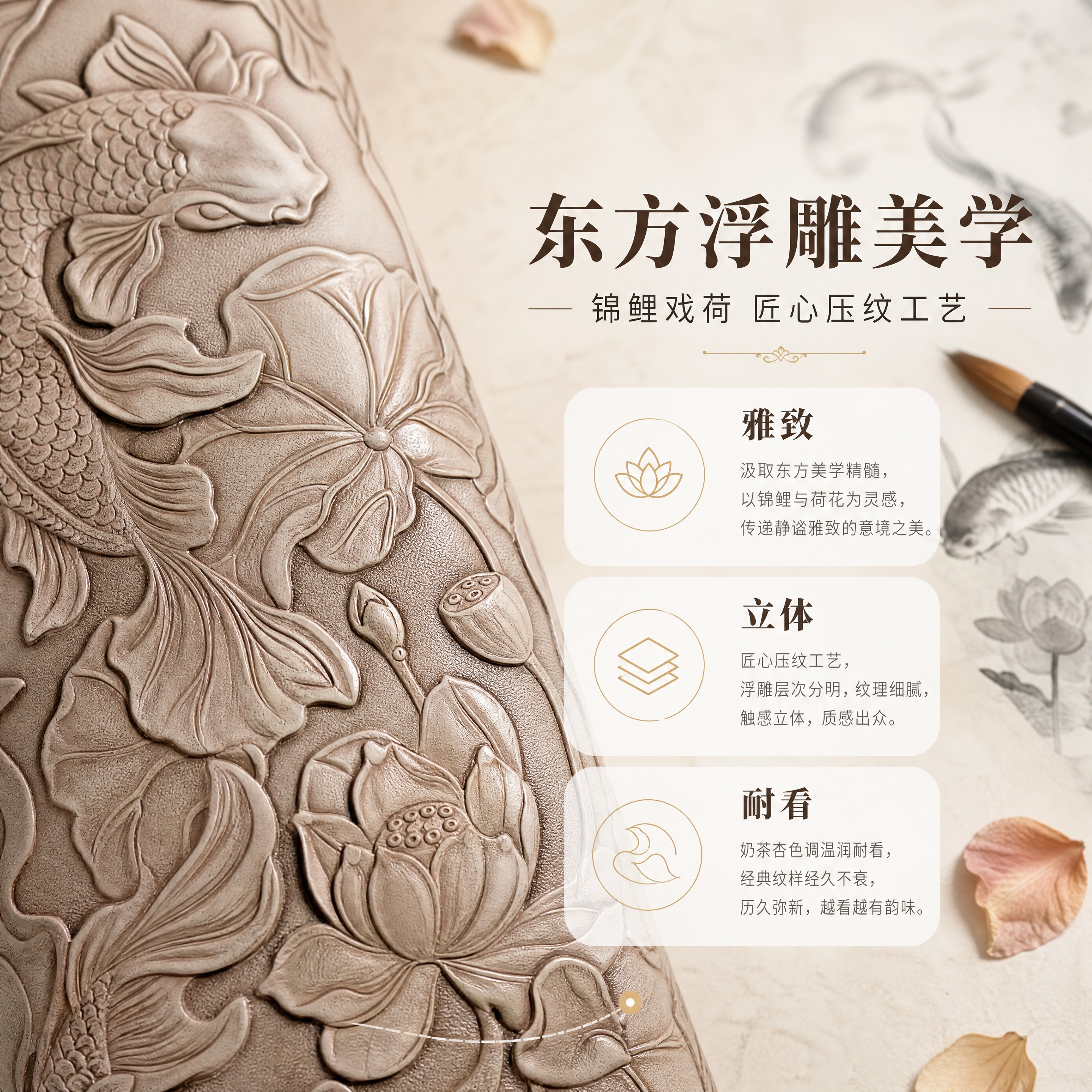 [商品] 使用【图1】奶茶杏色浮雕锦鲤荷花纹小提琴弓筒弓盒局部… - 图片创意预览
