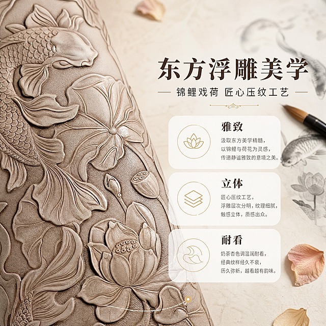 [商品] 使用【图1】奶茶杏色浮雕锦鲤荷花纹小提琴弓筒弓盒局部纹理；保留浮雕锦鲤与荷花纹样的造型、深浅层次、奶茶杏色调、人造皮材质质感；增强浮雕凹凸立体感与纹理细节，不改变图案设计。
[画面] 目标：设计理念页，诠释东方浮雕美学灵感；构图：左侧大区域为产品浮雕纹理微距特写，占画面55%，右侧留白放设计理念文字；场景：浅米色纹理纸张背景，散落几片干荷花花瓣作意境点缀，旁侧放一支毛笔与水墨小稿，营造东方雅致氛围；前景点缀花瓣，中景纹理特写，远景虚化水墨元素。
[视觉] 套系策略：风格=浅色高端雅致商业摄影；标题字=宋体衬线粗体；正文字=现代无衬线体；主色=奶茶杏+米白；背景延展=基于米白与浅奶咖做同色系渐变、细腻纸张/大理石质感；强调色=香槟金，仅用于小面积图标、引线和标签；标题色=深棕咖；正文色=中暖灰；组件=圆角浅底信息卡、细线引线、优雅装饰线；光影=左前侧柔和自然光，产品底部有自然投影。
[文字] 右侧区域：主标题"东方浮雕美学"（6字），副标题"锦鲤戏荷 匠心压纹工艺"（一行），下方3个设计关键词"雅致""立体""耐看"，配简短设计说明文字；文字横排，手机端可读。
[规格] 图片比例1:1正方形，4K，负向提示：避免变形、错字、文字过小、颜色偏差、图案失真、白底孤立、杂乱背景。