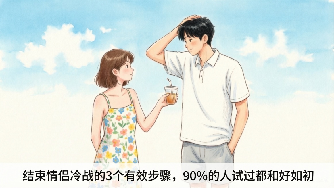 在图片下方空白合适位置添加文字："结束情侣冷战的3个有效步骤，90%的人试过都和好如初"，保留原图片的情侣插画内容、水彩风格和蓝天白云背景，不改变原图内容，只添加文字。预览效果