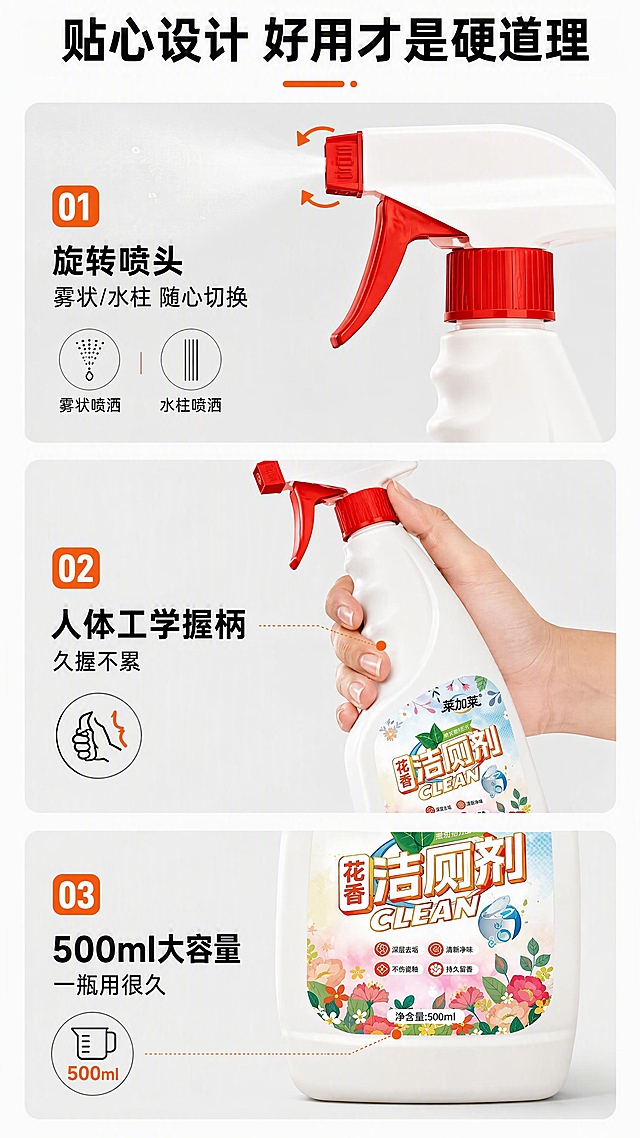[第7张] 产品细节页-喷头设计/瓶身握感/容量规格特写。本张使用【图1】作为细节展示主体。
[氛围/风格] 微距细节展示，商业产品摄影质感，拼多多高信息密度，清晰专业。
[元素布局] 画面采用三宫格纵向布局，展示3个核心细节；上格：喷头特写，展示旋转式喷头开关、雾化喷洒效果；中格：瓶身手握处特写，展示人体工学防滑握柄设计，一只手握住瓶身演示；下格：瓶身底部容量标注特写，展示500ml大容量；每格产品细节结构与输入图一致。
[光影质感] 每格都有专业产品布光，细节清晰，质感突出，塑料瓶身通透有光泽，喷头金属红色部分有高光。
[配色色系] 全局底色 #F5F5F5 浅灰；每格背景略有深浅变化；主色白色、橙红色；辅助色深灰、清新绿。
[视角构图] 纵向三宫格细节特写构图，阅读动线从上到下，每格独立成景。
[文字版式] 顶部大标题「贴心设计 好用才是硬道理」；上格标注「旋转喷头 雾状/水柱 随心切换」；中格标注「人体工学握柄 久握不累」；下格标注「500ml大容量 一瓶用很久」；每个细节配引线标注和小图标；文字清晰大号，黑体。
[比例分辨率] 9:16 竖版比例，4K分辨率，文字清晰可辨，高清画质。
[负向提示词] 产品变形，结构错误，颜色偏差，文字错乱，文字过小，水印，背景杂乱。