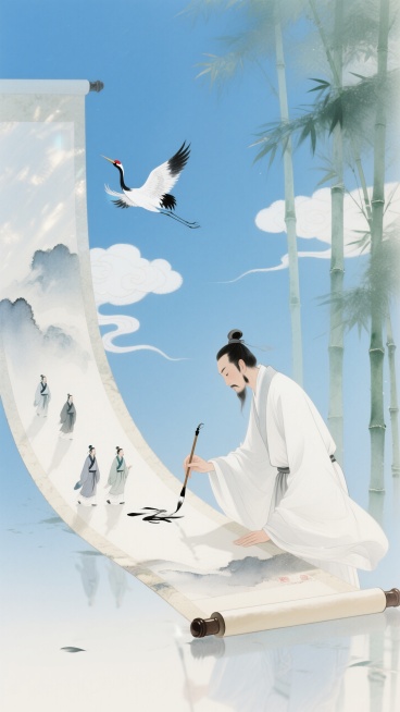中国古代文人形象，身着飘逸的白色长袍，手持毛笔在巨大的卷轴上创作，卷轴上有几位古代士人行走。背景是蓝天、仙鹤、竹子和祥云，整体风格清雅、富有国风意境，画面充满诗意与文化氛围。预览效果