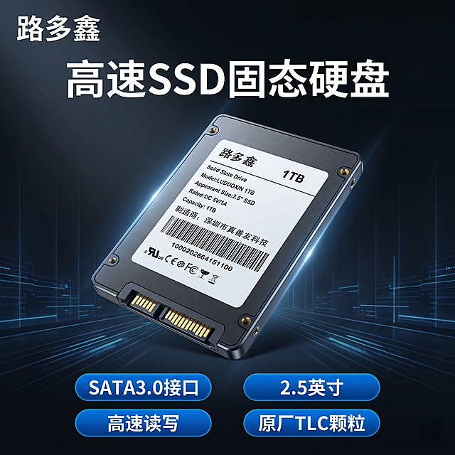 [主图-1] SSD固态硬盘产品首图
[氛围风格] 现代科技感，专业数码产品展示
[画质] 商业摄影质感，光线通透，产品清晰真实，画面干净高级
[元素] 路多鑫1TB SSD固态硬盘居中展示，产品主体倾斜15°放置在深色科技感渐变背景上，背景点缀蓝色发光数据线条，左上角放置提取的品牌Logo“路多鑫”，保持原字体样式和配色。主标题“高速SSD固态硬盘”放置在产品上方，字体加粗无衬线。下方排列4个卖点胶囊标签分别为“SATA3.0接口”“2.5英寸”“高速读写”“原厂TLC颗粒”。产品占画面约60%，画面饱满，保持产品外观（物理结构、材质质感、颜色）与输入图片一致，杜绝任何变形和色差，精细化处理。
[光影] 冷色主光从左侧打亮产品主体，右侧辅光补光，边缘勾勒高光，突出产品金属质感和轮廓，背景有轻微体积光效果
[配色] 主色调深灰科技黑，辅助色蓝色发光点缀，文字为白色和浅蓝色对比清晰
[视角构图] 平视角度，景深适中，产品主体居中，构图稳定饱满
[文字版式] 左上品牌Logo，上方大字主标题“高速SSD固态硬盘”，四个卖点胶囊标签分两排排列在产品下方，文字大小对比清晰，不遮挡产品主体
[比例分辨率] 1:1比例，2k分辨率，文字清晰可辨，超高清
[负向提示词] 变形，水印，文字错乱，产品图模糊，背景杂乱，遮挡主体