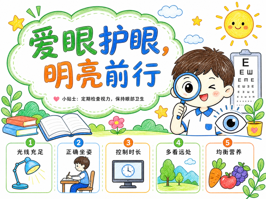 参照示例图，制作一幅爱眼护眼主题手抄报，标题为"爱眼护眼，明亮前行"，保留小贴士内容：定期检查视力，保持眼部卫生，保留五个护眼要点：光线充足、正确坐姿、控制时长、多看远处、均衡营养，保持彩铅卡通简笔画预览效果