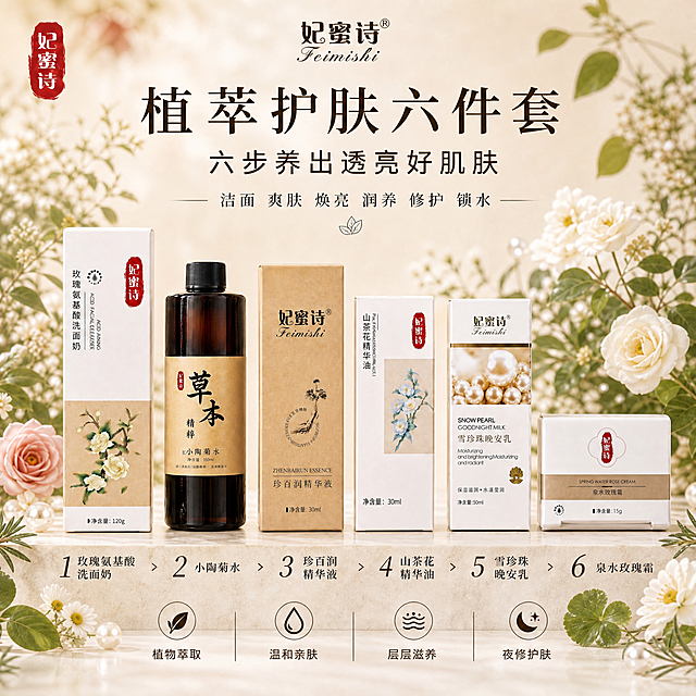 [单张主图] 妃蜜诗植萃护肤六件套 高级氛围感主图 淘宝天猫1:1方图 第六件产品替换为泉水玫瑰霜 六件产品按护肤顺序排列 展示完整六步护肤流程

[画面主体] 六件护肤产品按使用顺序从左到右阶梯式错落排列 高度依次起伏形成优美节奏 顺序为 1玫瑰氨基酸洗面奶 2小陶菊水 3珍百润精华液 4山茶花植萃精华油 5雪珍珠晚安乳 6泉水玫瑰霜 产品外观包装颜色材质Logo与输入产品图完全一致 小陶菊水为深棕色玻璃瓶配黑色瓶盖 米黄色牛皮纸标签 泉水玫瑰霜为白色方形盒 中间棕色标签带妃蜜诗红色印章Logo 标注泉水玫瑰霜 净含量15g 主体占画面约58% 居中偏下放置 产品立在浅米色石材台面上 底部有自然柔和的接触阴影

[构图版式] 采用中轴诗意氛围型版式 顶部居中放品牌Logo 六件产品按顺序横向阶梯排列 上方大标题 底部步骤序号和轻图标卖点 整体对称中带错落感 留白充足 高级静物摄影质感 六件产品间距均匀 视觉平衡

[场景元素] 背景为浅米白到浅杏色的柔和渐变 背景虚化处点缀少量真实草本植物元素 山茶花花瓣 积雪草叶片 珍珠 洋甘菊小雏菊 玫瑰花枝 迷迭香枝条 干玫瑰花瓣 分散在产品周围和背景中 数量克制不杂乱 前景有轻微柔雾感 营造天然植萃温润氛围 产品周围有极淡的光晕 突出主体 台面有轻微反光

[文案版式] 顶部左上角放妃蜜诗红色印章Logo 与产品包装一致 顶部中间放妃蜜诗中英文品牌名
主标题位于产品上方居中 分两行 第一行大字 植萃护肤六件套 第二行稍小 六步养出透亮好肌肤
主标题下方一行小字副文案 洁面 爽肤 焕亮 润养 修护 锁水
底部横向排列六个步骤序号 从左到右依次为 1 玫瑰氨基酸洗面奶 2 小陶菊水 3 珍百润精华液 4 山茶花精华油 5 雪珍珠晚安乳 6 泉水玫瑰霜 步骤之间用箭头连接 字号统一 清晰可读
最底部横向排列4个细线图标卖点 从左到右依次为 植物萃取 温和亲肤 层层滋养 夜修护肤 每个图标配对应文字

[光影质感] 自然柔光从左上方45度斜射 产品表面有柔和高光 包装材质质感真实 纸盒纹理清晰 玻璃瓶身有通透的反光和折射 瓶内深棕色液体质感真实 泉水玫瑰霜白色方盒质感细腻 底部投影柔和虚化 整体光影通透温润 浅景深 背景虚化 主体清晰锐利 商业静物摄影级质感

[配色字体] 主色为米白 浅杏 奶咖色 辅助色从产品包装提取 墨绿 浅金 淡蓝 深棕 点缀少量品牌红 字体选用细衬线宋体风 主标题字重适中偏粗 副文案和说明文字字重轻 字号层级分明 标题最大 步骤文字中等 卖点文字最小 整体优雅温润有东方草本感

[比例分辨率] 1:1正方形 2K分辨率 文字清晰可辨 产品细节清晰

[负向提示词] 产品变形 包装错字 Logo变形 颜色偏差 背景杂乱 水印 平台Logo 人物面部 夸张特效 廉价感 产品悬浮 边缘硬切 模糊不清 文字遮挡产品主体 多余装饰元素 产品顺序错误 第六件还是柔肤霜