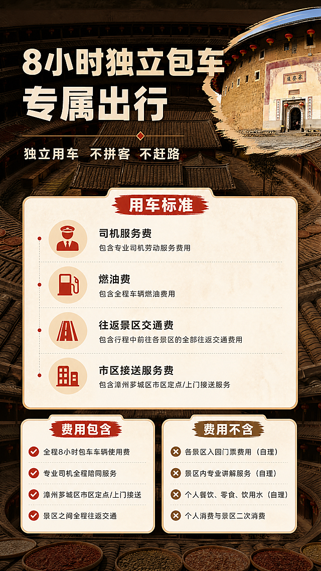 【第3张 服务标准与费用说明页｜9:16竖版】
[商品] 使用【图10】承启楼内圈环形圈层俯视结构作为本页背景底图（保留三层环形木构走廊、中央祖堂灰瓦屋顶、圆圈层层递进的环廊，图像整体压暗做暖褐色调、降低对比，作为文字承载背景），使用【图3】承启楼外墙一角作为右上小角标插图。保留土楼环形结构比例与夯土色调，不改变建筑结构与颜色，不虚构车辆。
[画面] 页面目标：回答"钱花在哪、含什么"，展示8小时包车用车标准与费用边界。构图骨架：上部约30%为压暗的内圈环廊背景+页面标题，中部为"用车标准"米白信息卡（含司机服务费、燃油费、往返景区交通费、市区接送服务费四个横排图标条目），下部为"费用包含"与"费用不含"两张左右并列清单卡。景别：俯拍大远景背景 + 卡片式信息层。阅读动线自上而下、先含后不含。前中后景：后方为虚化环廊，中景为信息卡组，前景为细线引线与图标。
[视觉] 套系策略：风格=国潮人文旅行纪实商业摄影+现代扁平信息排版；标题字=现代无衬线粗黑体；正文字=清晰无衬线中等到较粗字重；主色=暖土黄（夯土墙色系）；背景延展=基于暖土黄做浅暖米、中土黄、深赭褐的深浅层级，叠加夯土肌理与宣纸质感；强调色=客家中国红（#C8322B），仅用于小面积图标、勾选标记、引线、标签、印章式角标；标题色=深墨棕；正文色=暖深灰；组件=圆角米白信息卡、细线引线、红色印章角标、清单勾选图标；光影=暖色柔和漫射光，背景仅作低对比衬托。
[文字] 全部文字仅横向排版。页面主标题："8小时独立包车 专属出行"。上部用车标准短句："独立用车 不拼客 不赶路"。费用包含（4项，逐行横排）："全程8小时包车车辆使用费""专业司机全程陪同服务""漳州芗城区市区定点/上门接送""景区之间全程往返交通"。费用不含（4项，逐行横排）："各景区入园门票费用（自理）""景区内专业讲解服务（自理）""个人餐饮、零食、饮用水（自理）""个人消费与景区二次消费"。信息卡与清单文字清晰，不遮挡背景环廊主体。
[规格] 图片比例9:16竖版，4K，负向提示：避免变形、错字、繁体错字、竖排/旋转/斜排文字、单字竖列、文字过小、蚂蚁字、平台Logo与水印角标、二维码、站外导流文字、极限化用语、虚假价格、冷蓝冷灰作为背景或卡片主色、土楼结构失真、颜色改变、虚构文字。