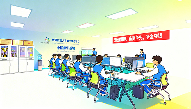 保持当前世界技能大赛数字建造项目中国集训基地训练场景布局，将人物画法修改为和参考图一致的新海诚风格细腻动漫画法，统一整体光影和色彩风格，暖色调，明亮柔和光影，保留所有文字标语和室内布局