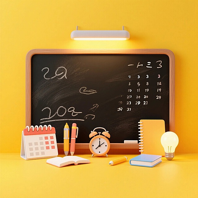 黑板前有很多文具，包含日历、闹钟、笔、本子、灯泡等，画面撞色，黄色背景