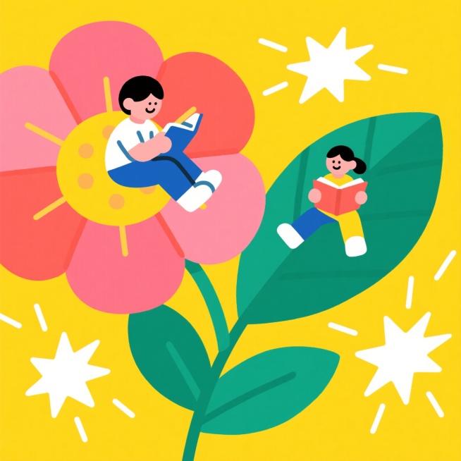 画面中有一个小朋友坐在巨大的鲜花上，一个人正坐在叶子上看书，另一个人侧坐在花蕊上看书，周围有爆炸形状的星星，用简单线条点缀；整体具有潮流感，采用撞色和鲜艳明快的配色，黄色背景预览效果