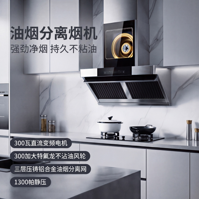 保留原现代厨房背景，保持油烟机产品角度不变，对油烟机进行整体精修美化，优化整体光影质感，提升产品细节清晰度，调整图片标题文字颜色和字体，使其与整体现代厨房画面风格更加协调统一，输出4K超清画质，图片比预览效果