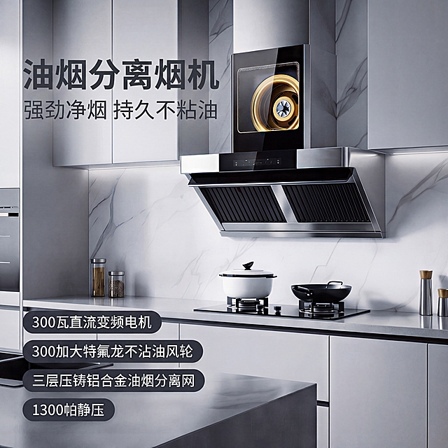 保留原现代厨房背景，保持油烟机产品角度不变，对油烟机进行整体精修美化，优化整体光影质感，提升产品细节清晰度，调整图片标题文字颜色和字体，使其与整体现代厨房画面风格更加协调统一，输出4K超清画质，图片比例为1:1