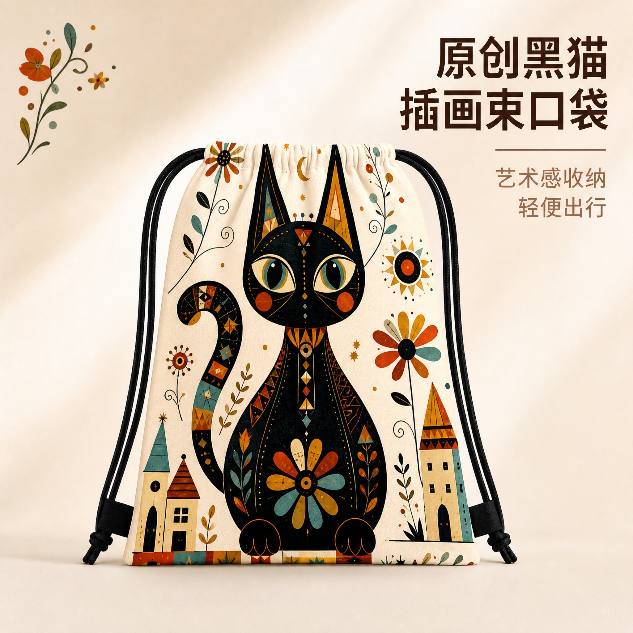 [主图-1] 原创黑猫插画抽绳束口袋正面主视觉展示，突出产品整… - 图片创意预览