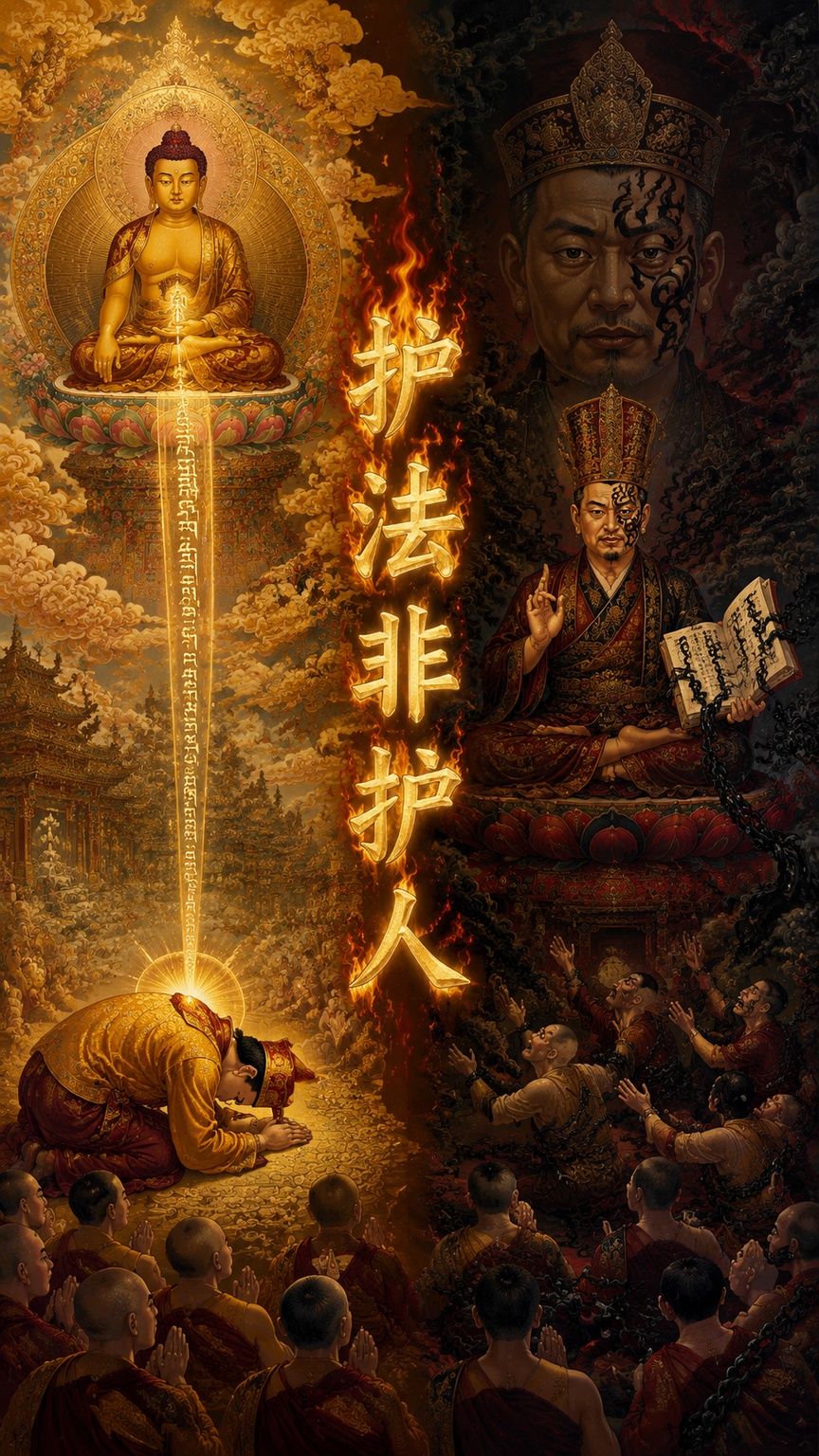 画面左右分镜对比，庄严神圣的宗教唐卡风格，细腻工笔重彩，金色与… - 图片创意预览
