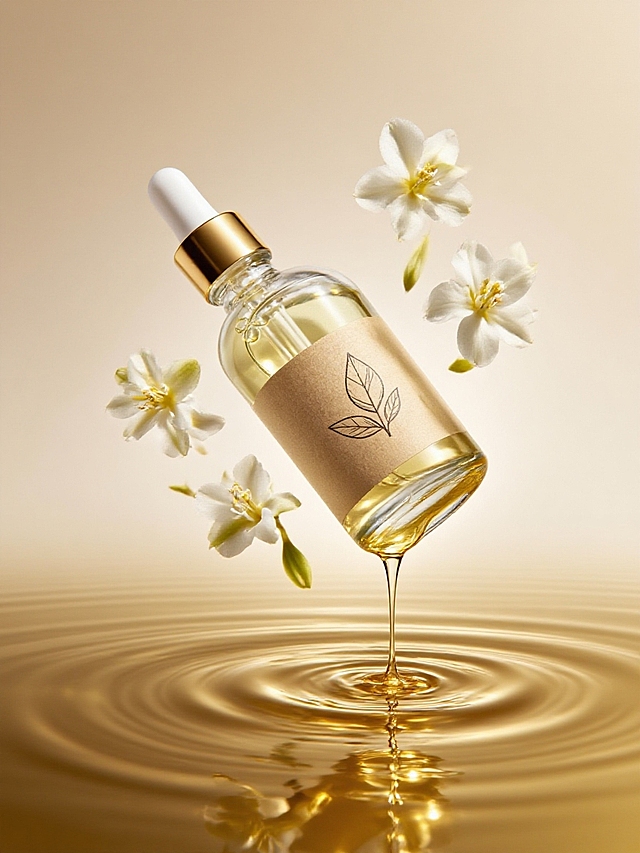 商业静物摄影。主体悬浮在空中，背景为米黄色渐变，周围有金色液体飘扬流动（茉莉花穿插）和滴落效果（底部有金色水面），高级的光影。
