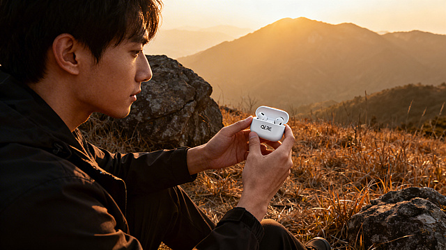中景，人物坐在旷野岩石旁，看向手边的QERE耳机充电盒，暖黄色黄昏光线，背景是远山与枯黄草地
