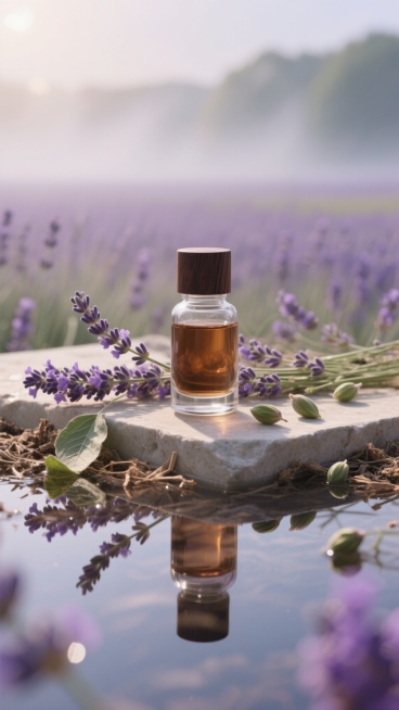 一个透明玻璃材质的棕色精油瓶，配有深色木质瓶盖，瓶身简约无过多装饰，放置在铺满干燥薰衣草花穗的浅色石台上，周围散落着几片完整的薰衣草叶片和几颗饱满的薰衣草花苞，背景是柔和虚化的淡紫色薰衣草花田，清晨的阳光透过薄雾洒下，在瓶身和花穗上形成细腻的光斑和柔和的阴影，水面倒映着瓶身和花穗的轮廓，整体画面呈现出宁静自然的氛围，光影柔和，色彩以紫色和淡绿色为主，质感细腻，细节清晰。预览效果