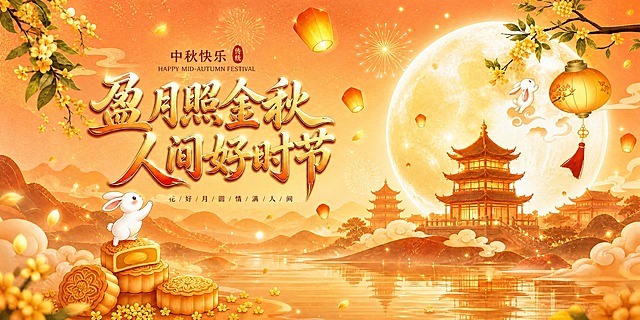 参考图一的暖金色中秋色调，将图二的整体色调调整为与图一一致的浓郁暖金橙红色调，保留图二的构图和元素不变，使画面呈现出图一的温暖喜庆中秋氛围，光影和色彩风格与图一统一