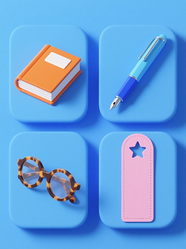 软3D风格，纯色背景，画面整体变换为蓝色系调，四个规整排布的方形区域组成系列素材集合。左上区域：一本叠放的橙色精装书，书脊有白色标签，书页边缘有轻微阴影立体感；右上区域：一支天蓝色的钢笔，笔帽带有银色金属夹，笔身光滑有渐变光泽；左下区域：一副玳瑁色圆形眼镜，镜框有柔和弧度，镜片透明略带反光；右下区域：一张粉色纸质书签，顶部有镂空星星图案，边缘有细微纹理。所有元素保持统一的低多边形软3D质感，圆润边缘，统一光源产生的轻微投影，简洁明快的设计感。