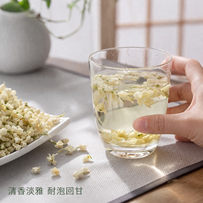 [主图-4] 横县茉莉花干冲泡场景体验图。
[氛围风格] 生活感，自然惬意；
[画质] 商业摄影质感、光线柔和通透、产品清晰真实、画面干净高级。
[元素] 透明玻璃杯中泡开几朵横县茉莉花干，清澈茶汤，预览效果