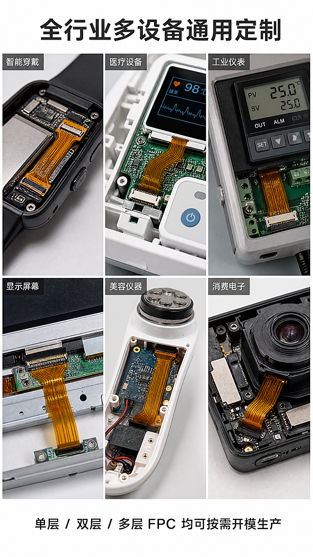 [第5屏] 详情页多场景应用适配屏，全行业多设备装机场景拼接。
[氛围/风格] 多场景拼贴，专业应用展示，高清写实，科技感。
[元素布局] 画面采用2行3格网格拼图布局，分别展示FPC在智能穿戴、医疗设备、工控仪器、显示屏、美容理疗仪器五种设备中的装机实拍，每个小网格展示一个应用场景，每个场景中FPC产品保持琥珀色柔性线路板特征与输入产品一致。网格之间用细白线条分割，排版整齐。
[光影质感] 每个场景光线自然统一，保持不同设备场景的真实光影，产品在每个场景中清晰可见。
[配色色系] 全局底色：白色#FFFFFF；每个场景保持原有设备色调，FPC统一保持琥珀色不变；文字：深灰色。
[视角构图] 网格拼贴构图，每个场景使用平视角度，整体布局均衡，信息丰富清晰。
[文字版式] 画面顶部主标题加粗"全行业多设备通用定制"，底部副标题"单层 / 双层 / 多层 FPC 均可按需开模生产"。每个场景网格角落标注对应行业名称小字，不遮挡设备和产品。所有文字清晰可读，排版整齐。
[比例分辨率] 宽高比 9:16，4K分辨率，文字清晰可读。
[负向提示词] 场景混乱，产品变形，颜色错误，文字错乱，网格排版不均匀，背景杂乱。