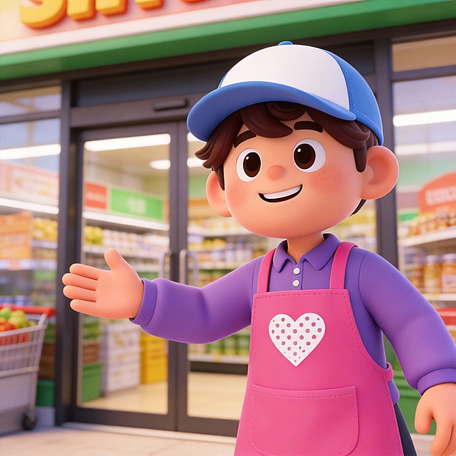 该卡通人站在超市门口，正欢迎顾客光临