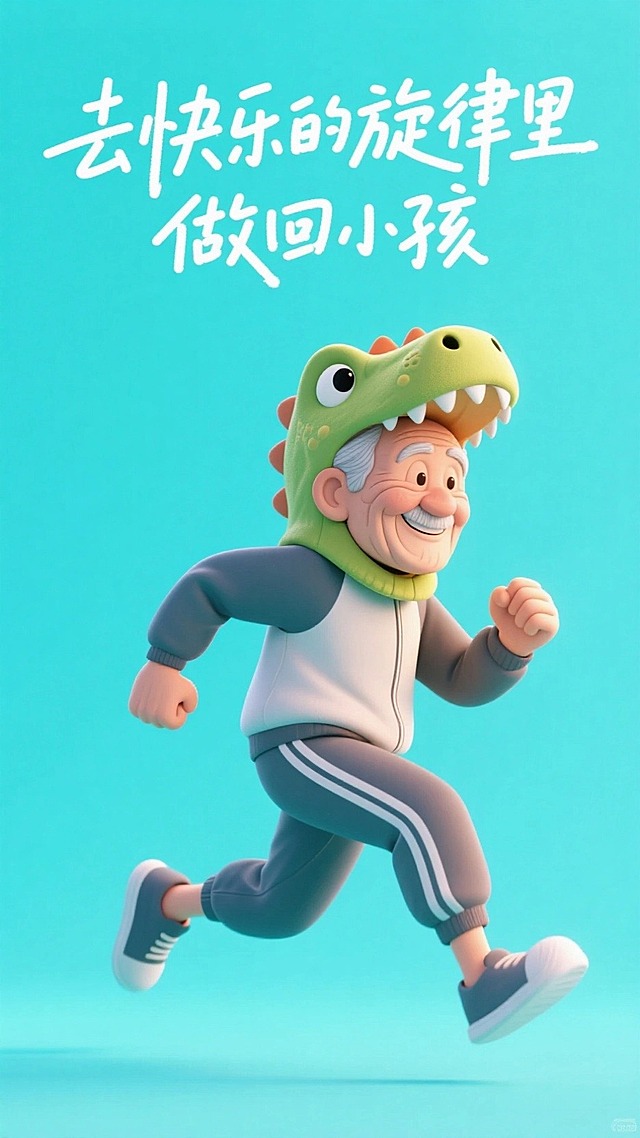 纯色亮色背景，画面上方标题“去快乐的旋律里 做回小孩”签字笔笔触，画面下方是一个带着卡通恐龙头套的蹦跑的60岁老人，3D风格，画面干净