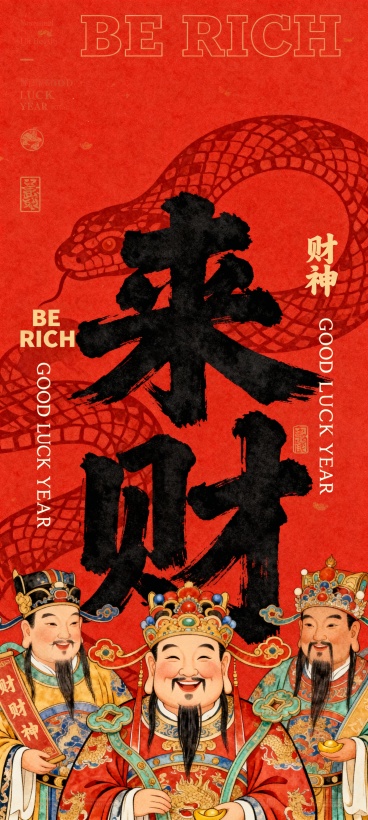 中式年画风格，红色为主色调，核心是醒目加粗的 “来财” 书法大字，搭配 “财神”“BE RICH”“GOOD LUCK YEAR” 等中英双语吉祥标识；背景隐有蛇形暗纹。预览效果