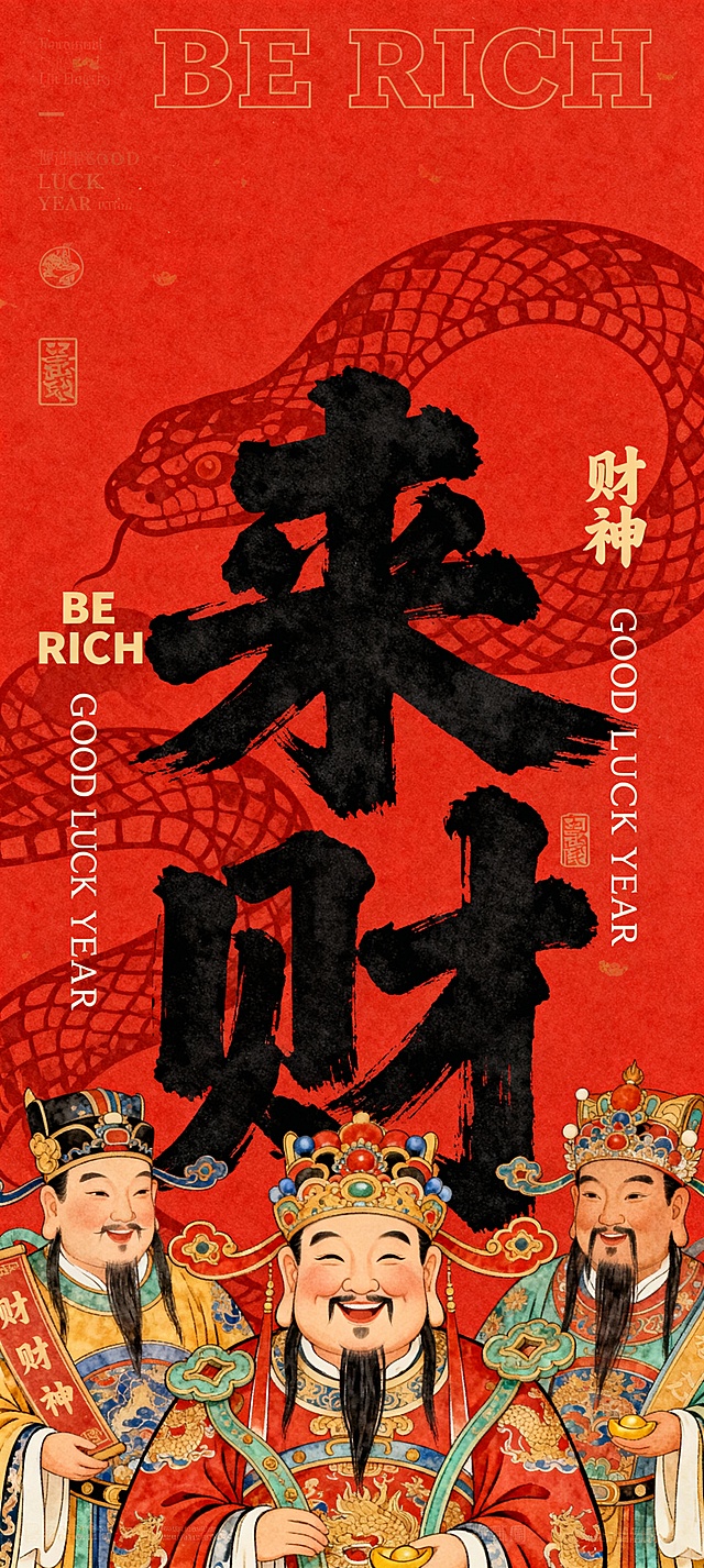 国潮风融合水墨大字，红底金纹衬托财神形象，传统与现代碰撞，传递喜庆中式年味与招财好运。