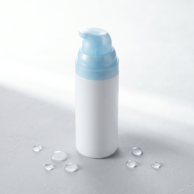 [主图-1] Multi-effect Moisturizing Cream product front display. Minimalist high-end still life shooting style, bright light, pure moisturizing sense, light clean pure white bright background, placed on a light gray matte texture plaster still life platform, a few small transparent water droplets as decorations around. Keep the product appearance (physical structure, material texture, light blue pump head + white bottle body) completely consistent with the input product image, eliminate any deformation and color difference, fine processing. The product accounts for more than 85% of the picture, the picture is full without borders. [Atmosphere style] Advanced simple, bright light, pure scientific and technological sense of moist beauty. [Image quality] Commercial photography texture, soft and transparent light, clear and real product, clean and advanced picture. [Light and shadow] Natural soft window light, main light from the side, soft light box auxiliary light, highlight the bottle's light transmission and matte texture, the overall light is bright and not dim, the hierarchy is clear. [Color matching] Main color light bright off-white, auxiliary color light blue, overall light color matching. [Perspective composition] Overhead overlooking, the product is centered, the product outline is complete and not cut, shallow depth of field, the background is naturally blurred. [Text layout] No additional marketing text, no logo, in line with Amazon cross-border platform specifications. [Proportion resolution] 1:1 proportion, 2K resolution, super high definition. [Negative prompt] Deformation, watermark, text confusion, blurred product picture, messy background, Chinese characters, marketing text, extra logo