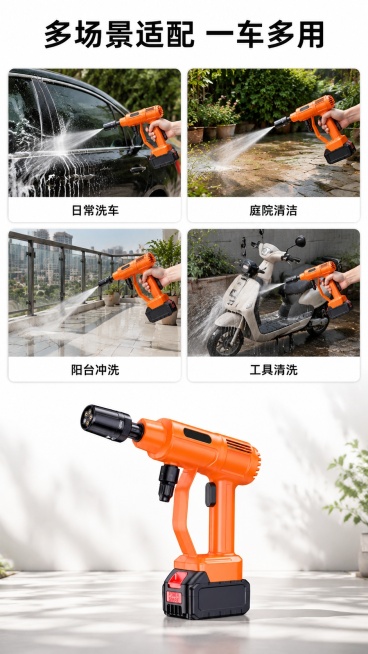 [第3屏] 多场景适配展示页，展示洗车水枪可适用的不同场景。本屏使用【图4】作为商品主体。
[氛围/风格] 实景场景拼接风，明亮自然光线，生活化真实质感。
[元素布局] 顶区主标题，下方四宫格拼图布局预览效果
