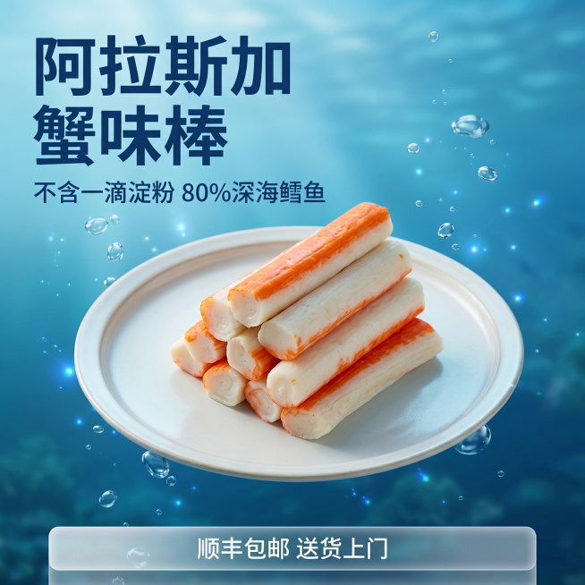 [主图-1] 阿拉斯加深海蟹味棒产品首图。[氛围风格] 高级海洋主题，清爽干净高级质感。[画质] 商业摄影质感、光线柔和通透、产品清晰真实、画面干净高级。[元素] 将蟹味棒堆叠在圆形浅盘中置于画面中心预览效果