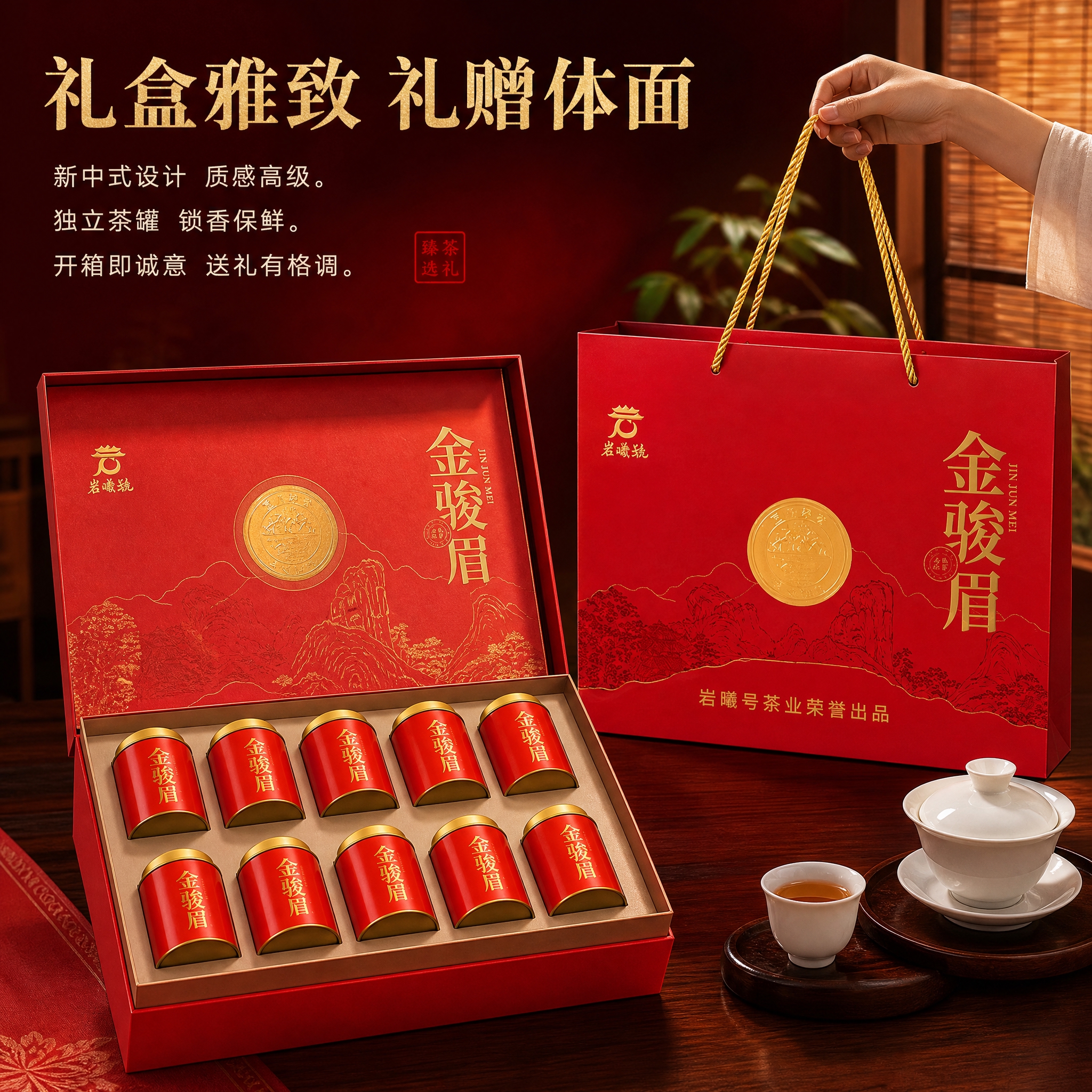 基于图中的岩曦号金骏眉红色手提袋礼盒，生成抖音电商主图第4张：… - 图片创意预览