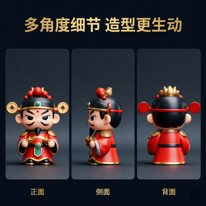 [主图 2 三视图卖点展示]
主图主题：财神手办多角度展示
氛围风格：神秘深邃氛围感，统一风格，保持和首图一致的光影质感
画面元素：采用三图拼图布局，分别展示手办的正面、侧面、背面，每张图都清晰展示不预览效果