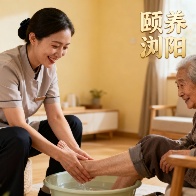 帮我生成带“颐养浏阳”服务人员上门洗脚服务场景的图片预览效果