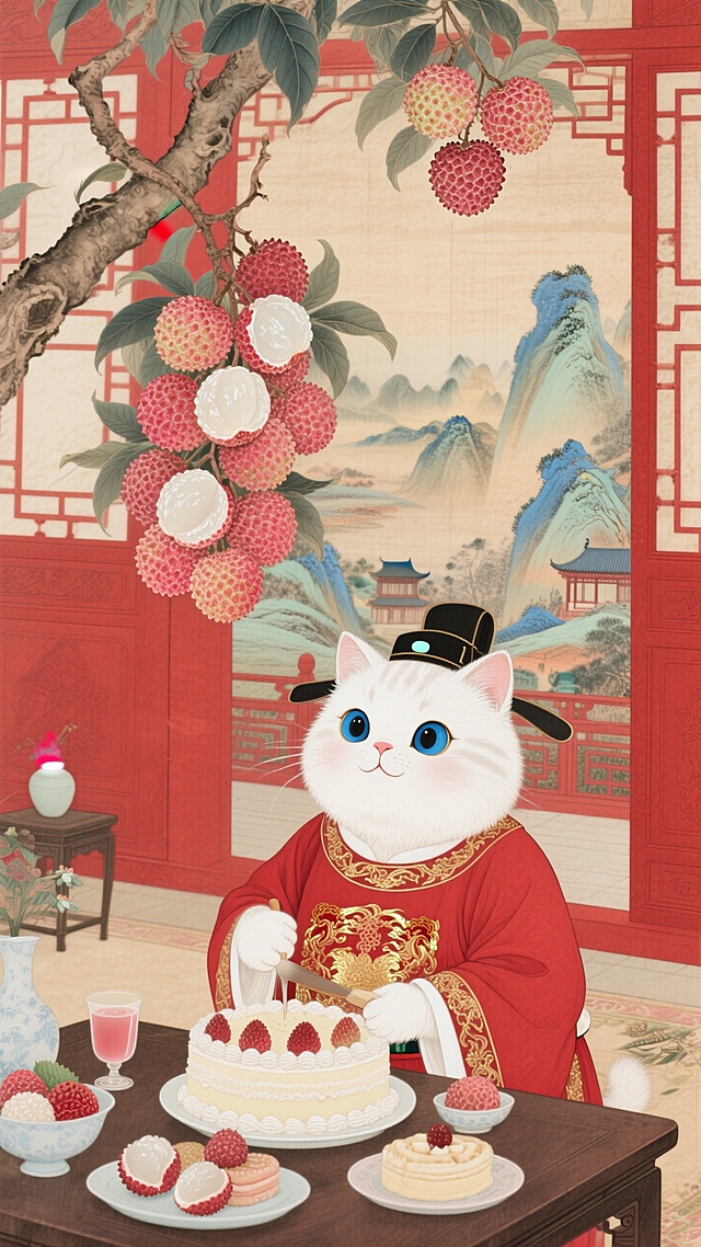 白色英短猫肥胖胖的蓝色大眼睛。穿着唐朝长安城小吏服（红色镶嵌金丝官服）在房间制作荔枝蛋糕，桌上有用荔枝做的荔枝糕点，荔枝汁，荔枝造型的蛋糕