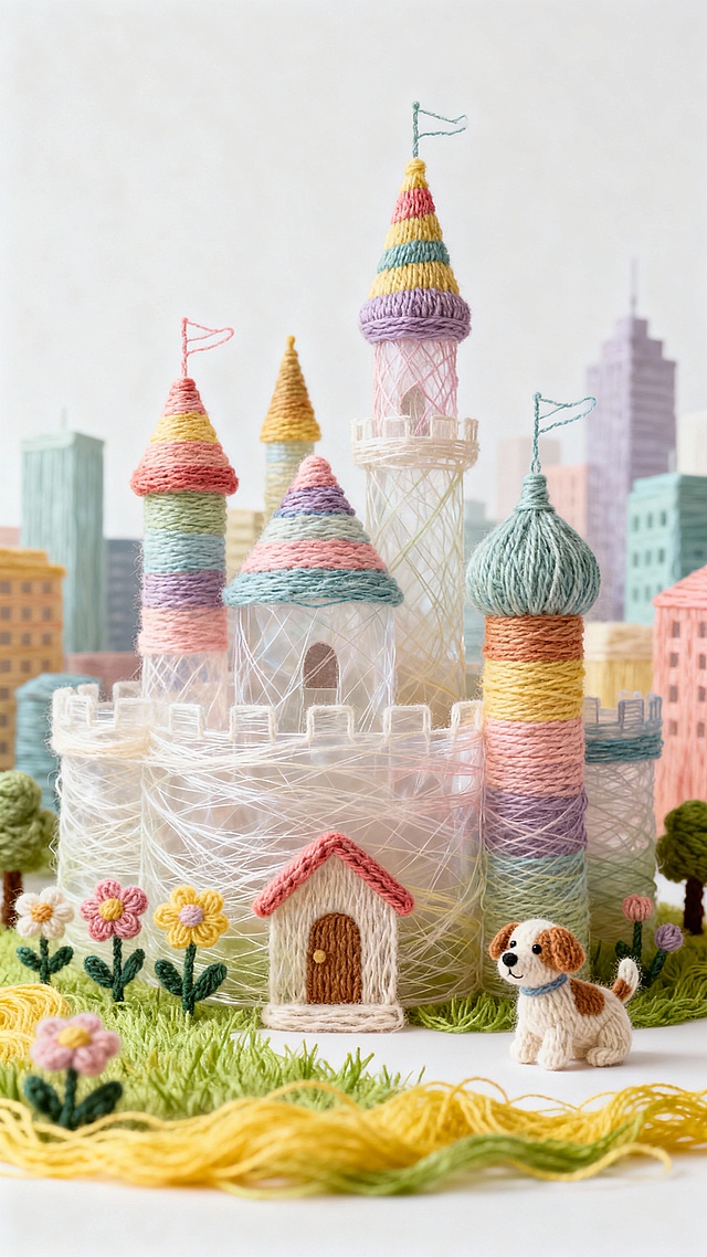 毛线绣织彩虹城堡，透纱围筑，彩塔伴绒犬，织就童话软梦