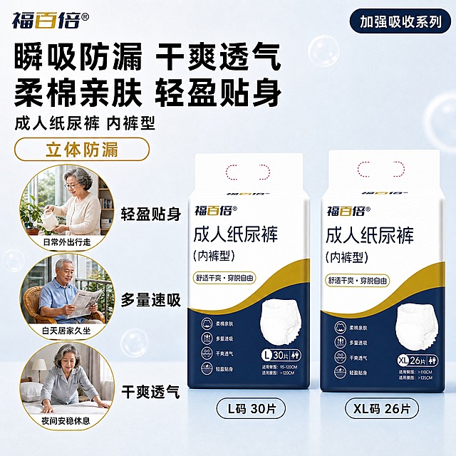 [修改说明] 在输入第一张图（上一版人群场景主图）的基础上做两处修改：一是把画面右侧的单只包装改为 L 码与 XL 码两只包装并排展示，让用户一眼看到两个码；二是新增防漏方向的卖点文案。其余保持不变：三位中老年人物的外貌、年龄感、服装、动作，三个圆形画中画的结构与位置，左上品牌位「福百倍®」、右上角「加强吸收系列」、主标题字体、背景配色与光影全部沿用，同一套图必须保持同一批模特。输入第二张图是 XL 码包装素材，右侧第二只包装必须严格按它生成，与第一张图中的 L 码包装形成同款不同码的一对。
[画面主体] 右侧改为两只包装并排、略前后错落：左为 L 码包装、右为 XL 码包装，均为白色软包装袋，上部白色、下部深藏蓝、中部一条金色弧形色带，袋面印有「福百倍®」「成人纸尿裤（内裤型）」「舒适干爽·穿脱自由」、四个圆形图标与白色内裤型产品示意图。L 码包装规格标注「L 30片」，XL 码包装规格标注「XL 26片」；两只包装的颜色、结构、文字、图标必须与各自素材图一致，不得互换、不得混用、不得都画成同一码。两只包装合计占画面约 50%，完整不裁切。
[构图版式] 沿用上一版结构：顶部 20%-24% 为品牌位与超大主标题；左上安全区放品牌字「福百倍®」，右上角放系列标签；主标题下方放一枚金色描边圆角胶囊承接防漏卖点；右侧 50%-56% 为两只包装并排，下方带淡蓝台面与柔和接触阴影；左侧 36%-42% 纵向排列三个等大圆形画中画，金色细线描边，圆内下方压一条唇白小字，圆外右侧一句粗黑短句。
[场景元素] 三个圆形画中画保持不变：左上圆内为一位中老年女性，约 60-65 岁，齐耳银灰短卷发，圆润脸型，戴细框眼镜，穿米白色针织开衫，在客厅窗边给盆栽浇水；左中圆内为一位中老年男性，约 68-72 岁，花白寸头，国字脸，穿浅蓝色短袖衬衫，在阳台藤椅上读报；左下圆内为一位中老年女性，约 58-62 岁，及肩银灰直发，鹅蛋脸，穿浅灰色家居服，在卧室床边整理床铺。不出现病床、医护、输液、病房等医疗场景，不出现惊吓与痛苦表情。背景为浅蓝到白色渐变留白，叠加柔和光斑与轻薄气泡。
[文案版式] 主标题两行「瞬吸防漏 干爽透气」「柔棉亲肤 轻盈贴身」；副标题一行「成人纸尿裤 内裤型」；右上标签「加强吸收系列」；主标题下方金色描边胶囊「立体防漏」；两只包装下方各一枚圆角胶囊「L码 30片」「XL码 26片」；三个圆内小字「日常外出行走」「白天居家久坐」「夜间安稳休息」，圆外粗黑短句「轻盈贴身」「多量速吸」「干爽透气」。文案不使用逗号，词组用空格或断行，不出现绝对化用语，不出现虚构数据、认证与价格，不出现任何平台Logo。
[光影质感] 人物画中画用自然窗光，柔和低对比；产品用影棚柔光从左上方打下，白色包装呈细腻柔面反光，深蓝分区哑光，金色色带微亮，包装下方有落地接触阴影与淡台面反射，整体干净通透，无悬浮与硬切边。
[配色字体] 沿用同系列视觉：主色为包装深藏蓝与白色，强调色用包装金色，背景为浅蓝白渐变；全图只使用同一种粗黑无衬线字体外观，主标题最大最粗，圆外短句与胶囊为第二层级，圆内小字与规格文字缩小50%以上，字宽自然不变形。
[比例分辨率] 1:1 正方形，2K 高清，中文清晰可辨，人物面部自然不变形。
[负向提示词] 包装变形 错字 糊字 伪Logo 多余文字 水印 拼多多Logo 绝对化用语 100%防漏 失禁 治疗 医疗疗效暗示 病床 医护 输液 两包同码 包装颜色互换 主体被遮挡 背景杂乱 低清晰度 产品被裁切 悬浮 透视错误 畸形手 多余手指 人物面部扭曲 肢体穿模。