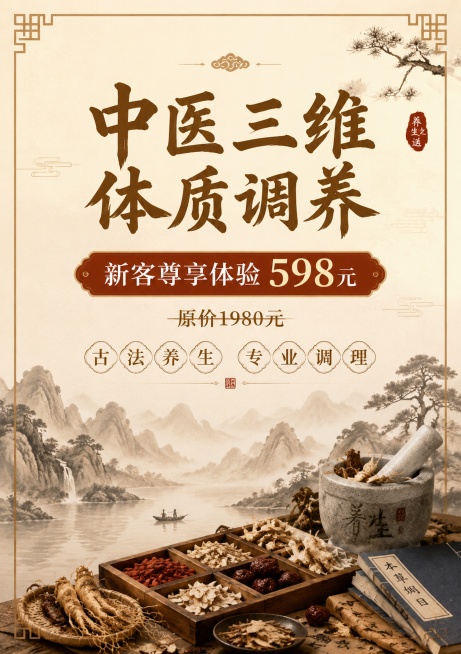 A4竖版中医养生调养小卡正面，传统中式设计风格，整体色调采用中医养生典雅暖色调，主标题“中医三维体质调养”，副标题“新客尊享体验 598元”，标注“原价1980元”，装饰文字“古法养生 专业调理”，画预览效果