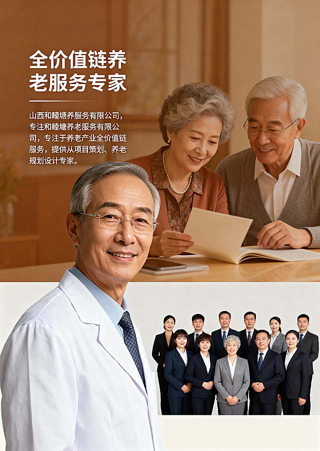 山西和睦塘养老服务宣传册公司定位页设计，标题文字"全价值链养老服务专家"，正文内容文字"山西和睦塘养老服务有限公司，专注于养老产业全价值链服务，提供从项目策划、规划设计到运营管理的一站式解决方案，致力于成为您身边的养老解决方案专家。"，暖色调，大气稳重排版，搭配公司团队合影位置，图文比例协调，专业温馨风格