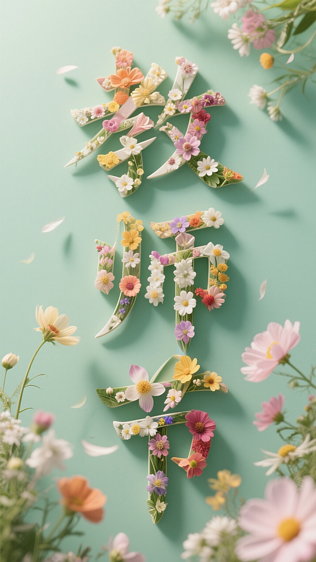 "教师节"文字，三个字的笔画由不同的花拼接而成，放在一块简单的淡绿色背景上。