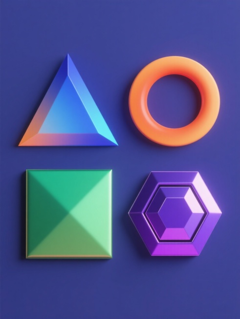 立体3D风格几何元素系列集合，纯色背景，包含四个完全不同的立体几何元素：棱角分明的蓝色渐变三角形、边缘光滑的橙色渐变圆形、线条硬朗的绿色渐变正方形、层次分明的紫色渐变六边形，所有元素均具有相同的金属质感渐变色彩、高光光影效果和立体感，规整排布，视觉层级清晰，设计感十足，信息传达效率高。预览效果
