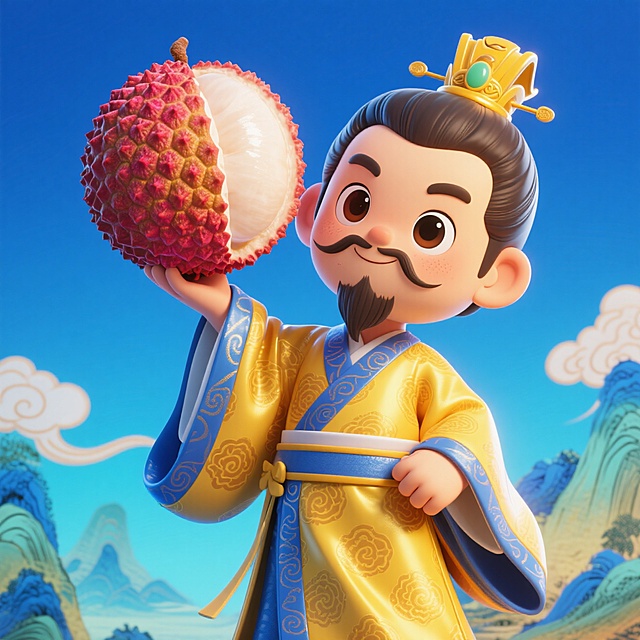 卡通感3D风设计，皇帝手持荔枝，软萌可爱，背景山水清新。