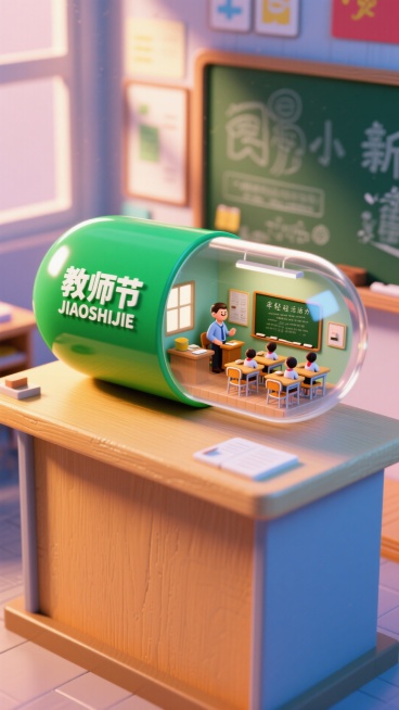 一个胶囊，胶囊左半部分为绿色（上面印着 "教师节 JIAOSHIJIE"），右半部分是透明材质（教室里的老师正在给学生讲课组成的 3d 微缩景观在胶囊之中），胶囊被横放在教室的讲台上预览效果