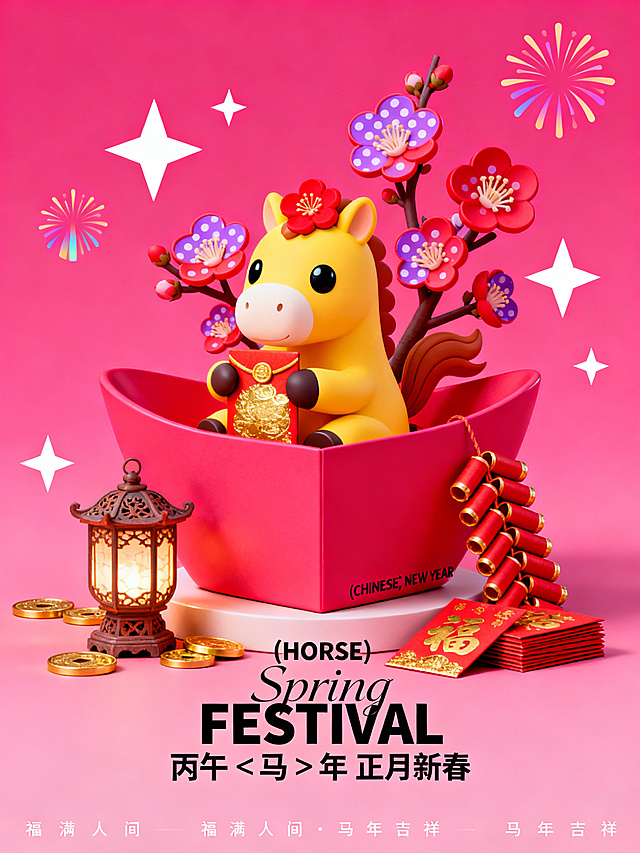 软3D风拟人小马手持红包，坐于红色礼盒中，搭配梅花、灯笼与鞭炮，国潮元素融合卡通感，喜庆十足，传递马年新春吉祥祝福。