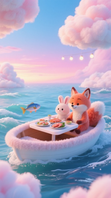毛绒质感的狐狸和兔子坐在毛绒质感的白色小船上，延续动画经典形象与互动感，船内毛茸茸的桌子上摆放着美味海鲜，一条小鱼突然飞到船上，漂浮在棉花糖般的云朵构成的梦幻空间里，天空是粉蓝色渐变的晚霞色调，海面上预览效果