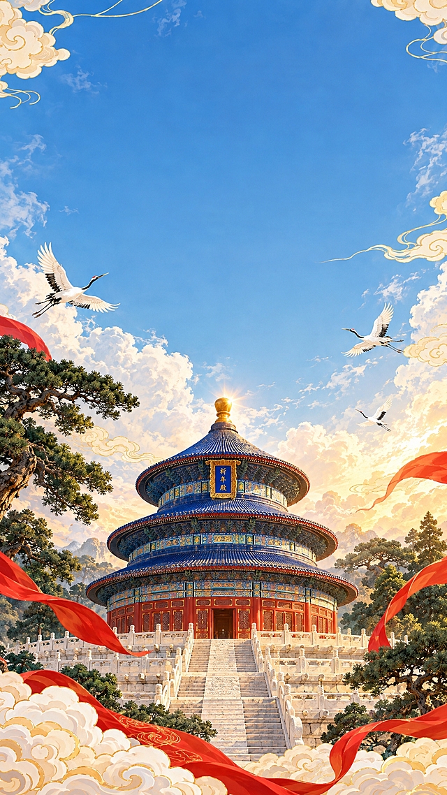 中国风传统建筑插画底图，天坛祈年殿，圆形三重檐攒尖顶建筑，蓝色琉璃瓦顶，汉白玉台基，周围古柏参天，蓝天白云，金色阳光洒在宝顶上，画面中有飘逸的红色飘带和祥云缭绕，几只仙鹤飞翔，国潮插画风格，画面上方留有大面积空白区域可添加文字，庄严肃穆，典雅大气，喜庆节日氛围，高清细腻