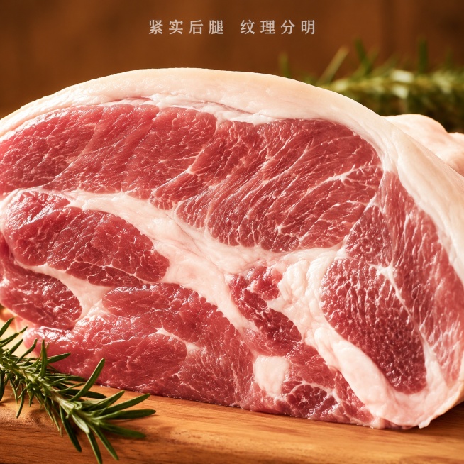 [主图-3] 后腿肉质细节特写，放大展示纹理，氛围是暖色生鲜真实风。画质为商业摄影质感，微距细节清晰，光线柔和通透，产品纹理真实自然。元素：整块后腿肉切开展示横截面，放置在木质案板上，微距镜头聚焦肌理预览效果