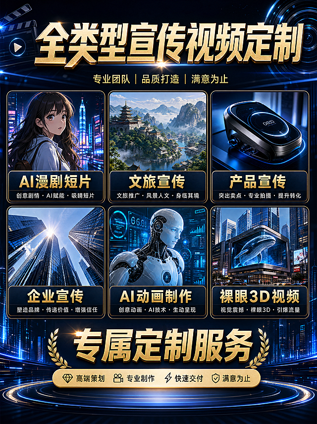 [主图-5] 全类型宣传视频定制服务主图，复刻参考图4的版式和风格。[氛围风格] 专业科技商务风，高端质感。[画质] 商业设计质感，文字清晰锐利，画面细节丰富，超高清4K分辨率。[元素] 顶部大标题全类型宣传视频定制，副标题专业团队 品质打造 满意为止，下方两行三列宫格排列六种视频类型，分别是AI漫剧短片、文旅宣传、产品宣传、企业宣传、AI动画制作、裸眼3D视频，每个卡片带预览图和描述文字，底部金色专属定制服务区域，列出高端策划 专业制作 快速交付 满意为止四大优势，背景深蓝色科技光效，保持文字内容版式结构配色方案与参考图一致，精细化处理，主体信息占比约78%，满版无边框构图。[光影] 蓝色科技感环形光线，明暗层次清晰，金色文字高光点缀，高端质感。[配色] 深蓝黑色背景，金色标题文字，深色卡片搭配浅色文字，整体蓝金配色高级大气。[视角构图] 顶部标题，中间宫格布局，底部服务说明，结构清晰工整。[文字版式] 主标题超大金色立体字，每个卡片标题醒目，描述文字清晰可读，文字大小层次分明，对齐工整。[比例分辨率] 3:4比例，文字清晰可辨，4K分辨率。[负向提示词] 变形，水印，文字错乱，背景杂乱，预览图模糊
