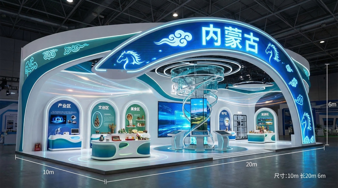 超现实科技中枢风格展览会展台，三面开口、一面背墙，主色调白+蓝绿，门楣带「内蒙古」发光字，融入蒙古族纹样与元素；展台内部明确划分为五大功能区：产业区、文创区、美食区、特产区、旅游区，各区配备主题异形展预览效果