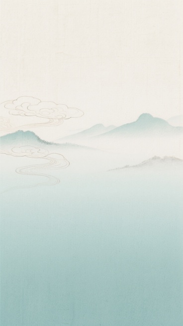 具有宣纸纹理质感的国风渐变背景，由上部淡雅的米白色向中部柔和的青绿色自然过渡，融入写意风格的浅淡云纹和远山轮廓，整体画面采用大面积留白设计，营造出空灵悠远的东方意境，色彩层次细腻，笔触温润，构图简洁大方，充满古典雅致的韵味。预览效果