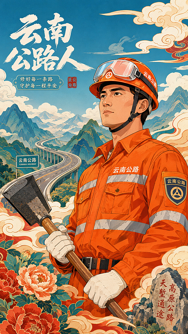 国潮扁平插画风格，画面主体为一位云南公路人男性，身穿橘黄色公路养护工装制服，头戴带护目镜的安全帽，神情坚毅望向前方，手持公路养护工具。背景为云南高原公路、连绵山脉、蓝天白云、祥云纹样装饰，远处有公路蜿蜒延伸。整体色调为橙红、橘黄、青蓝配色，线条流畅，扁平插画风格，装饰性强，具有中国风国潮美感，画面构图饱满，竖版构图